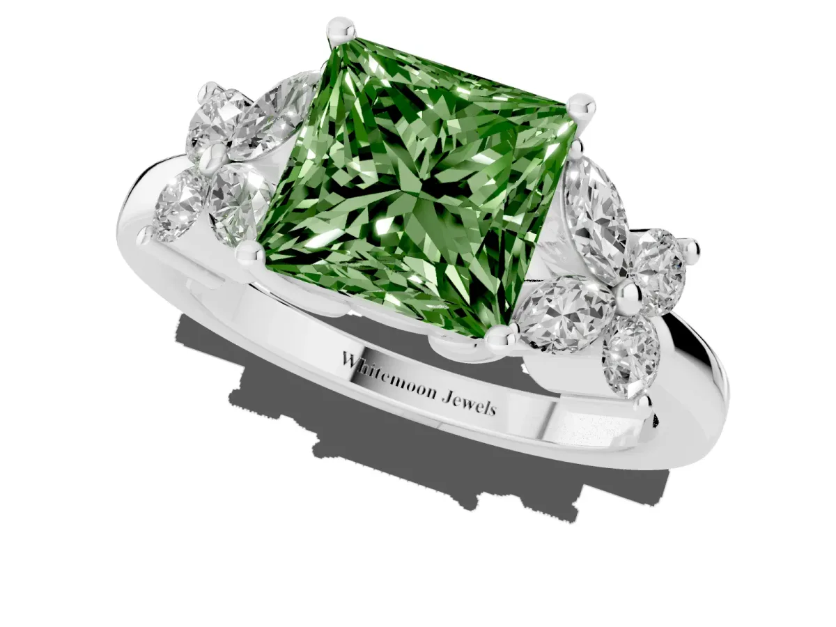 Fancy Green Princess Cut Diamond Floral Cluster Ring with Solitaire Band and Prong Setting Silver