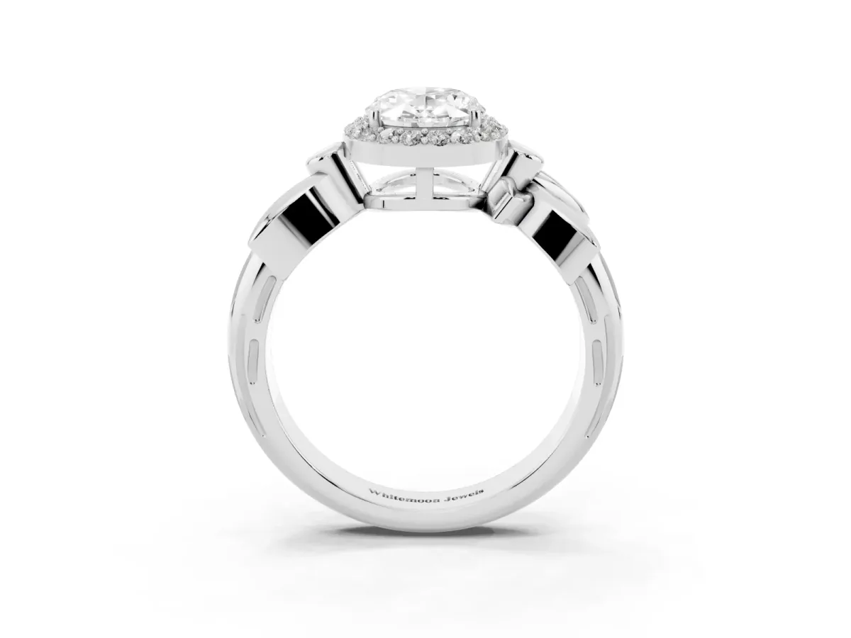 Oval Cut Halo Diamond Floral Band with Four-Prong Setting Silver