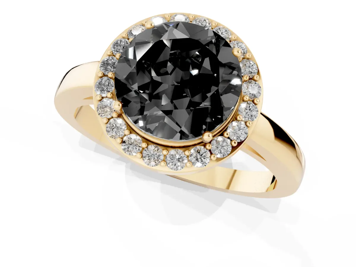 Fancy Black Round Cut Halo Diamond Ring with Solitaire Band and Prong Setting Yellow gold