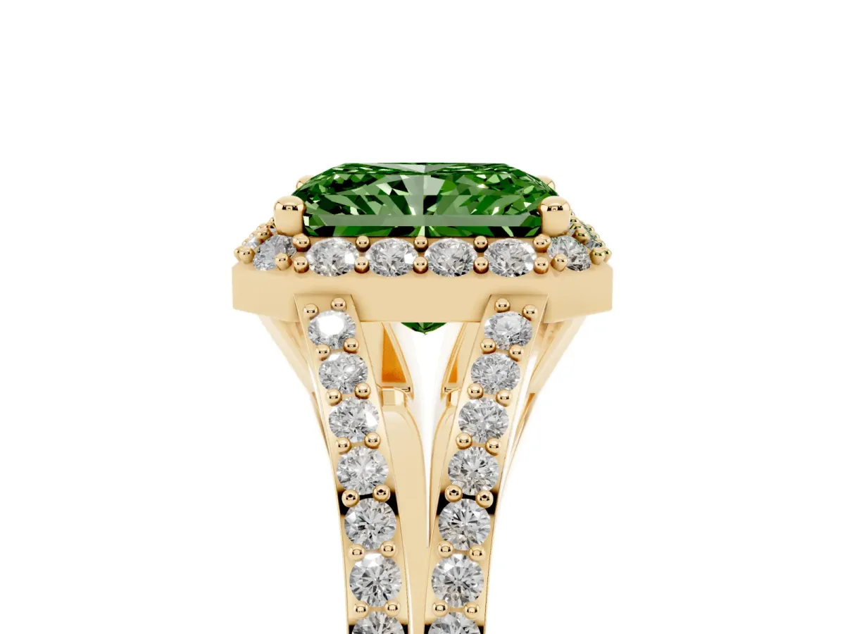 Fancy Green Radiant Cut Halo Split Shank Diamond Ring with Prong Setting Yellow gold