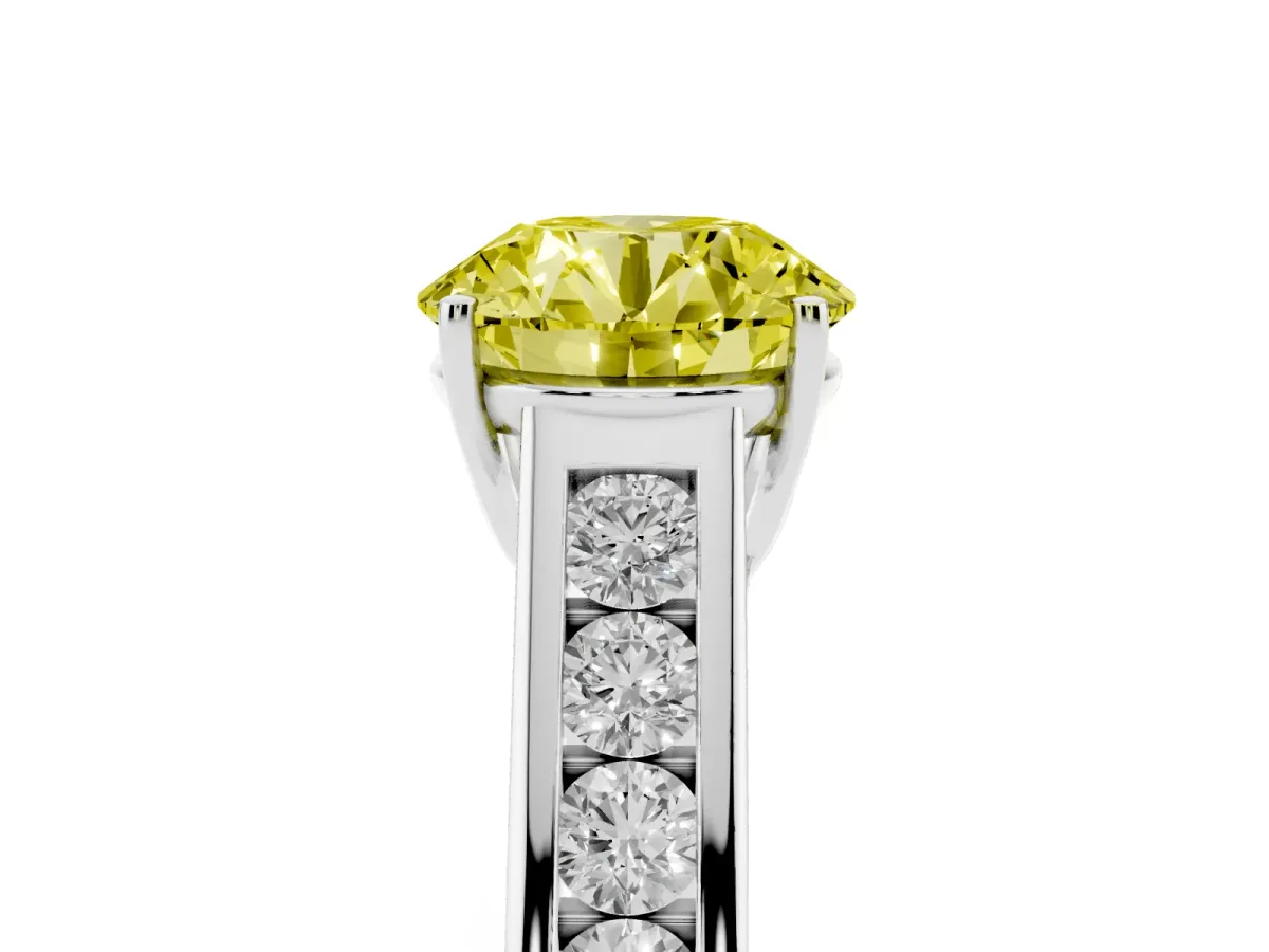 Fancy Yellow Round Cut Brilliant Channel-Set Solitaire Ring with Four-Prong Setting Silver