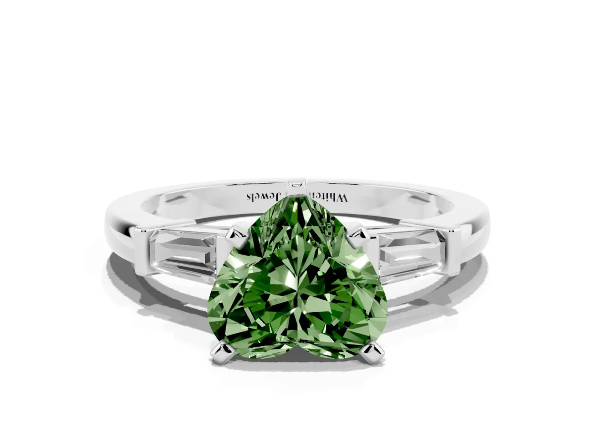 Fancy Green Heart Cut Cut Diamond Solitaire Ring with Tapered Baguette Accents and Four-Prong Setting Platinum