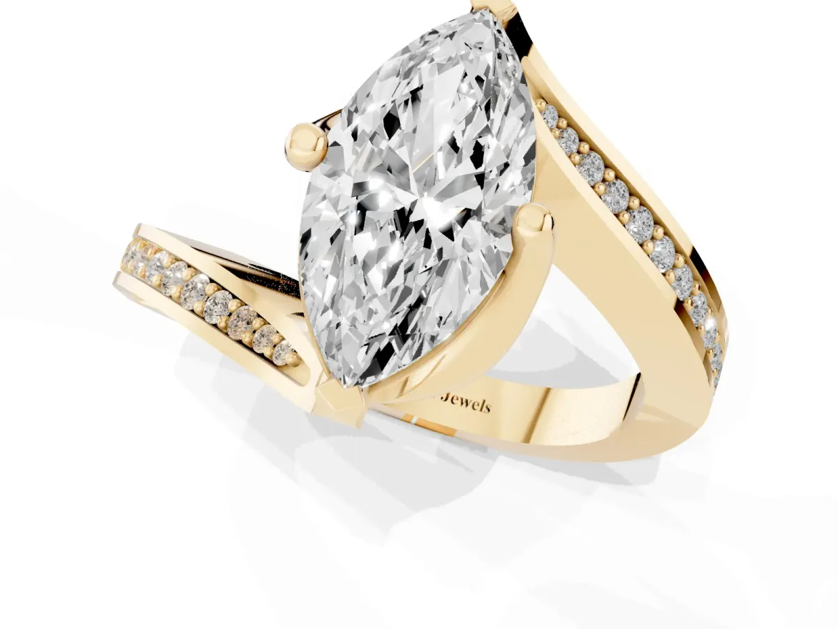 Marquise Cut Solitaire Diamond Twist Band with Pavé Setting and Four-Prong Setting Yellow gold