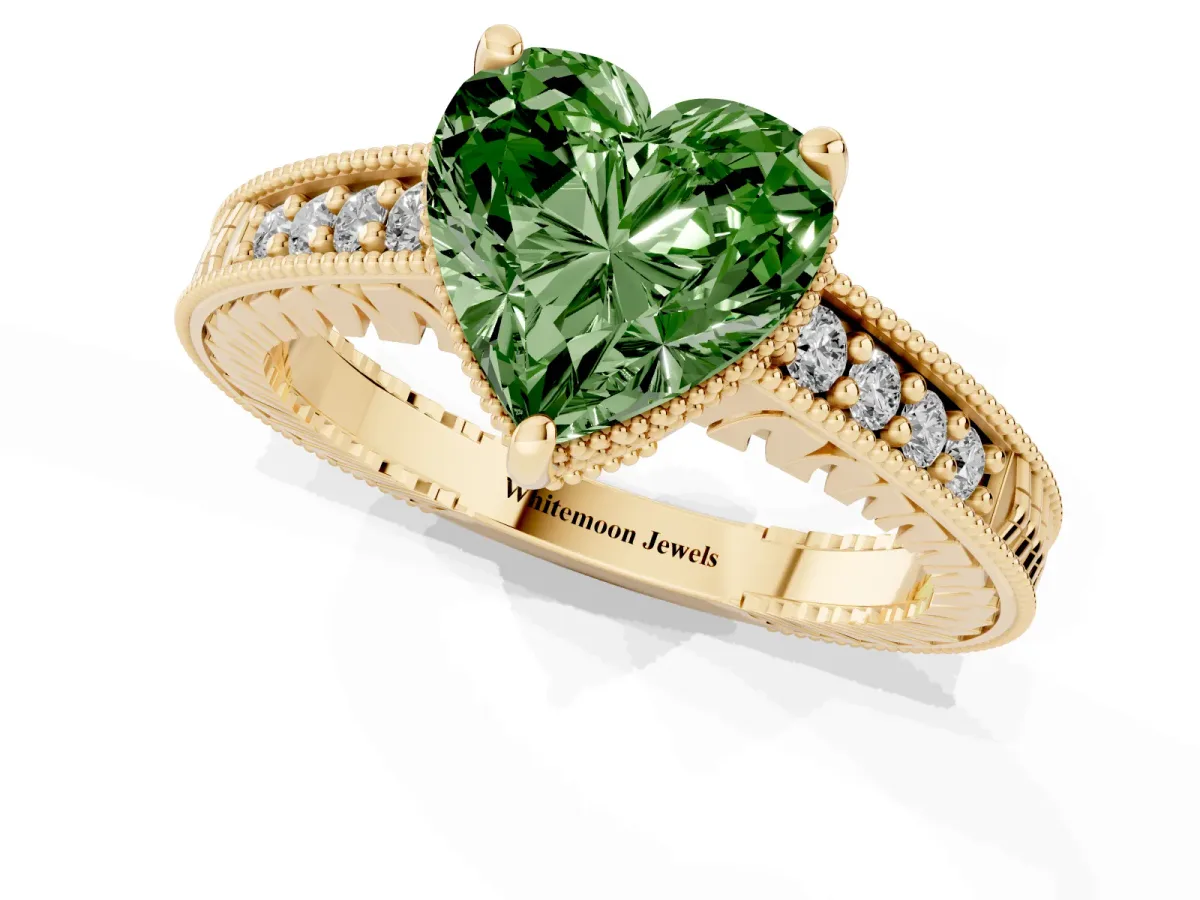 Fancy Green Heart Cut Solitaire Pavé Diamond Milgrain Engagement Ring with Four-Prong Setting Yellow gold