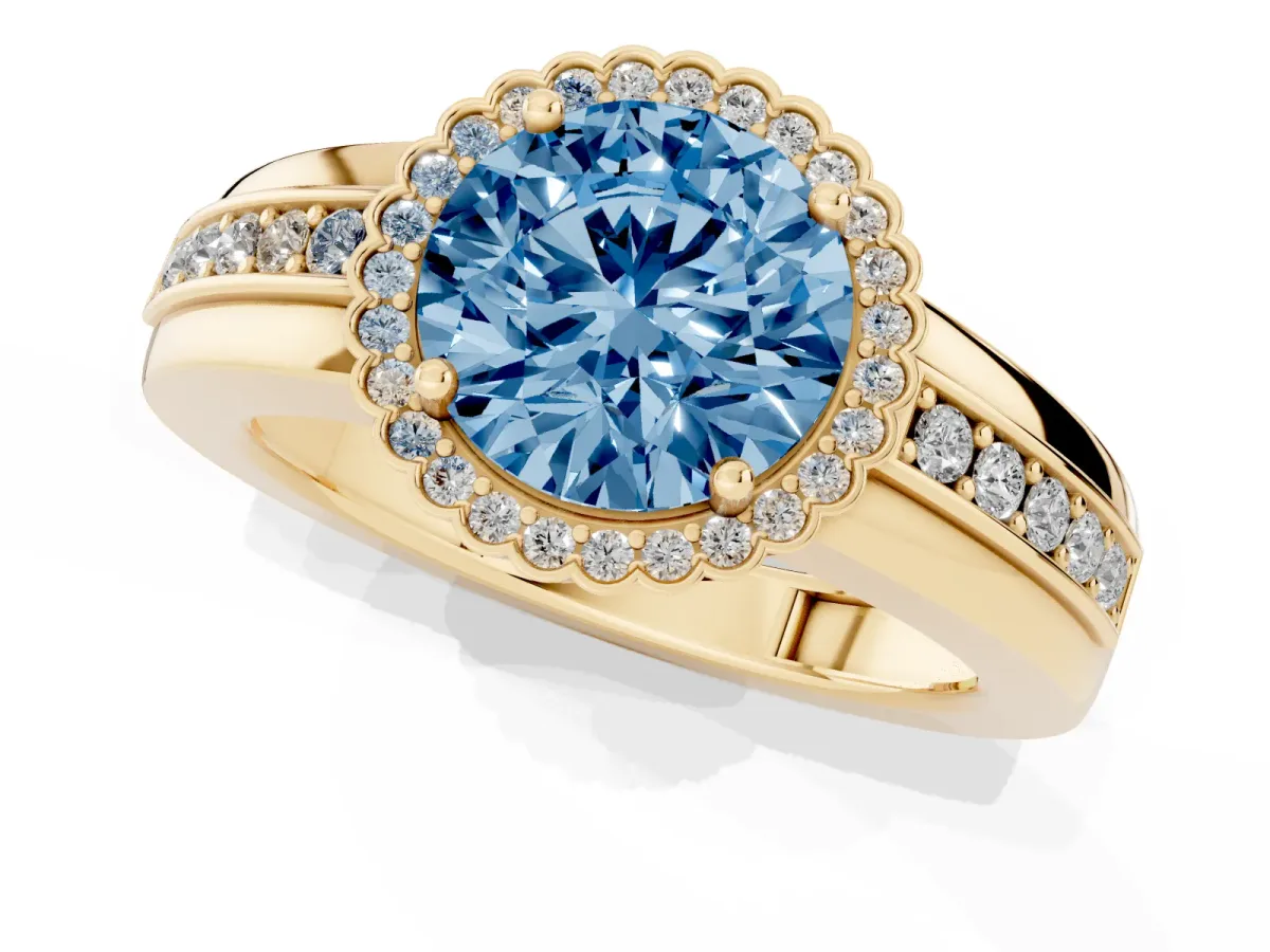 Fancy Blue Round Cut Cut Halo Pave Band Four-Prong Ring Yellow gold