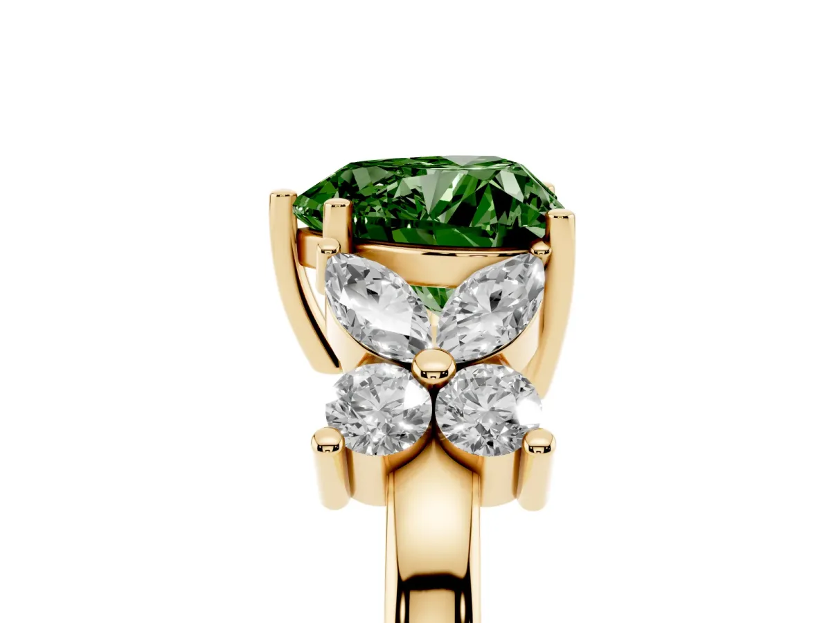 Fancy Green Heart Cut Diamond Floral Cluster Ring with Solitaire Band and Prong Setting Yellow gold