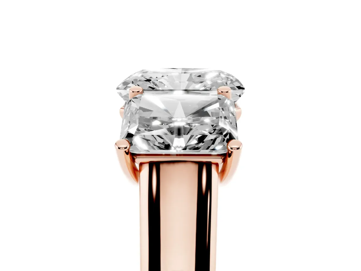 Radiant Cut Three-Stone Diamond Ring with Prong Setting on a Classic Band Rose gold