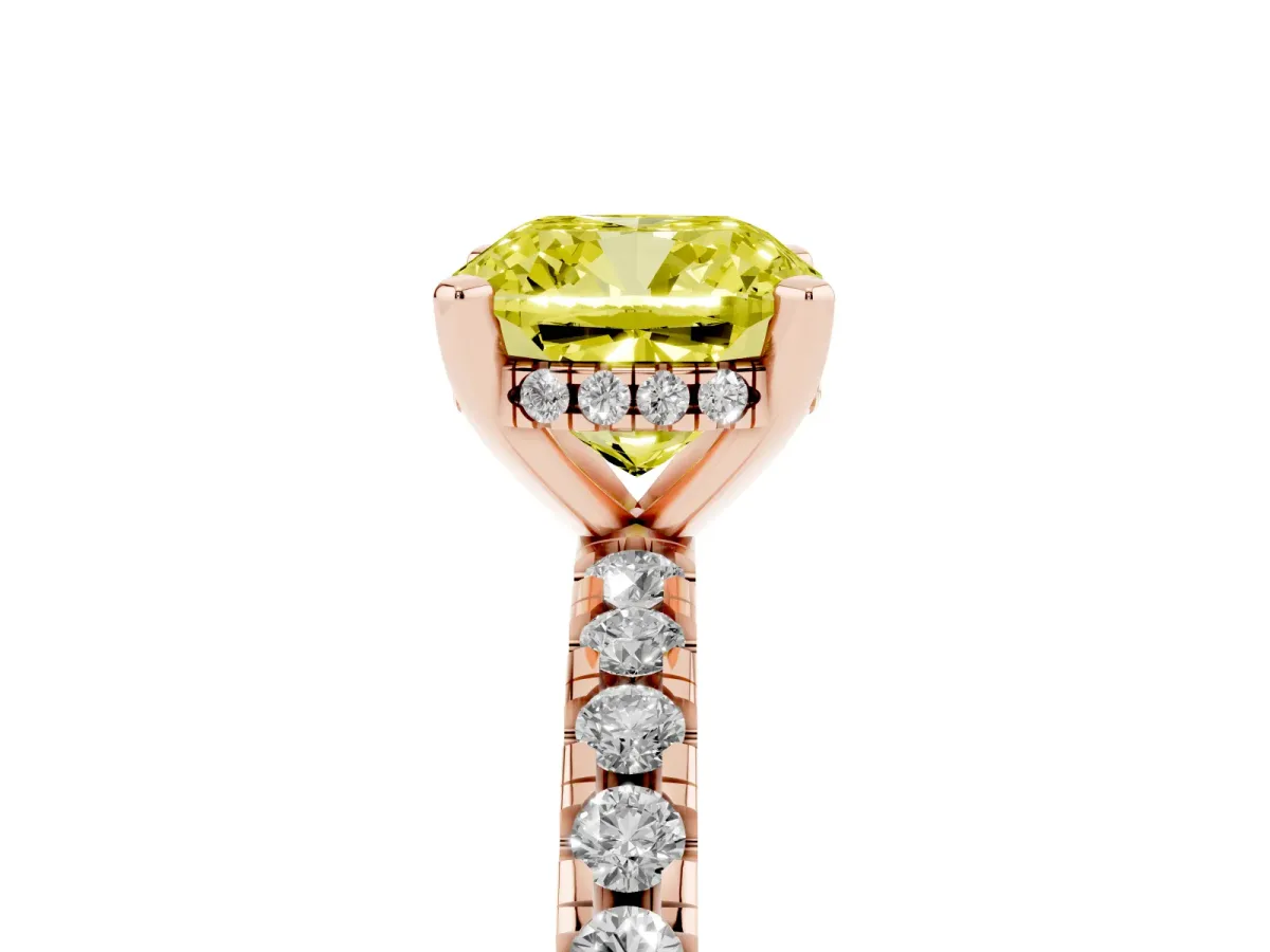 Fancy Yellow Cushion Cut Diamond Solitaire Ring with Round Pavé Band and Four-Prong Setting Rose gold