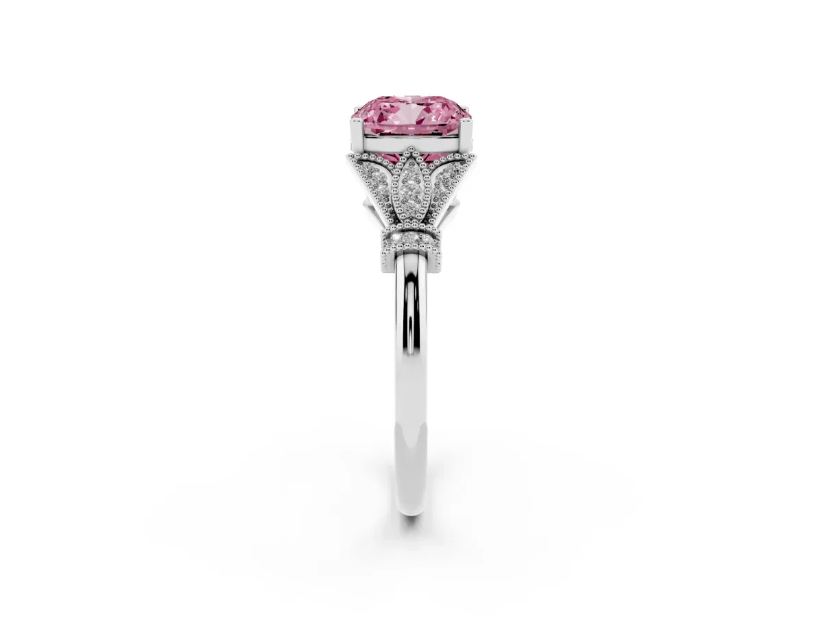 Fancy Pink Cushion Cut Diamond Solitaire Ring with Floral Filigree and Pave Accents Platinum