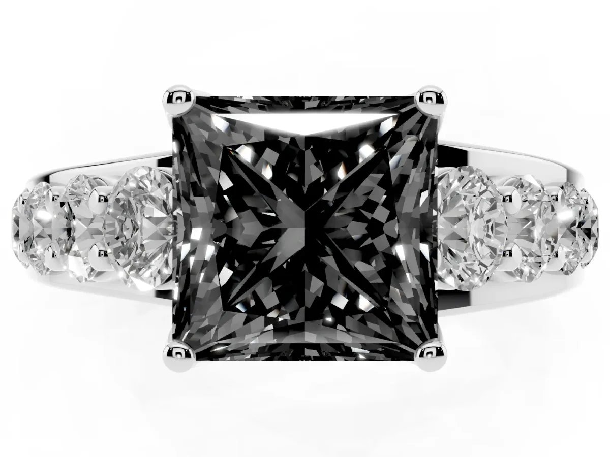 Fancy Black Princess Cut Diamond Engagement Ring with Pavé Band and Four-Prong Setting Platinum