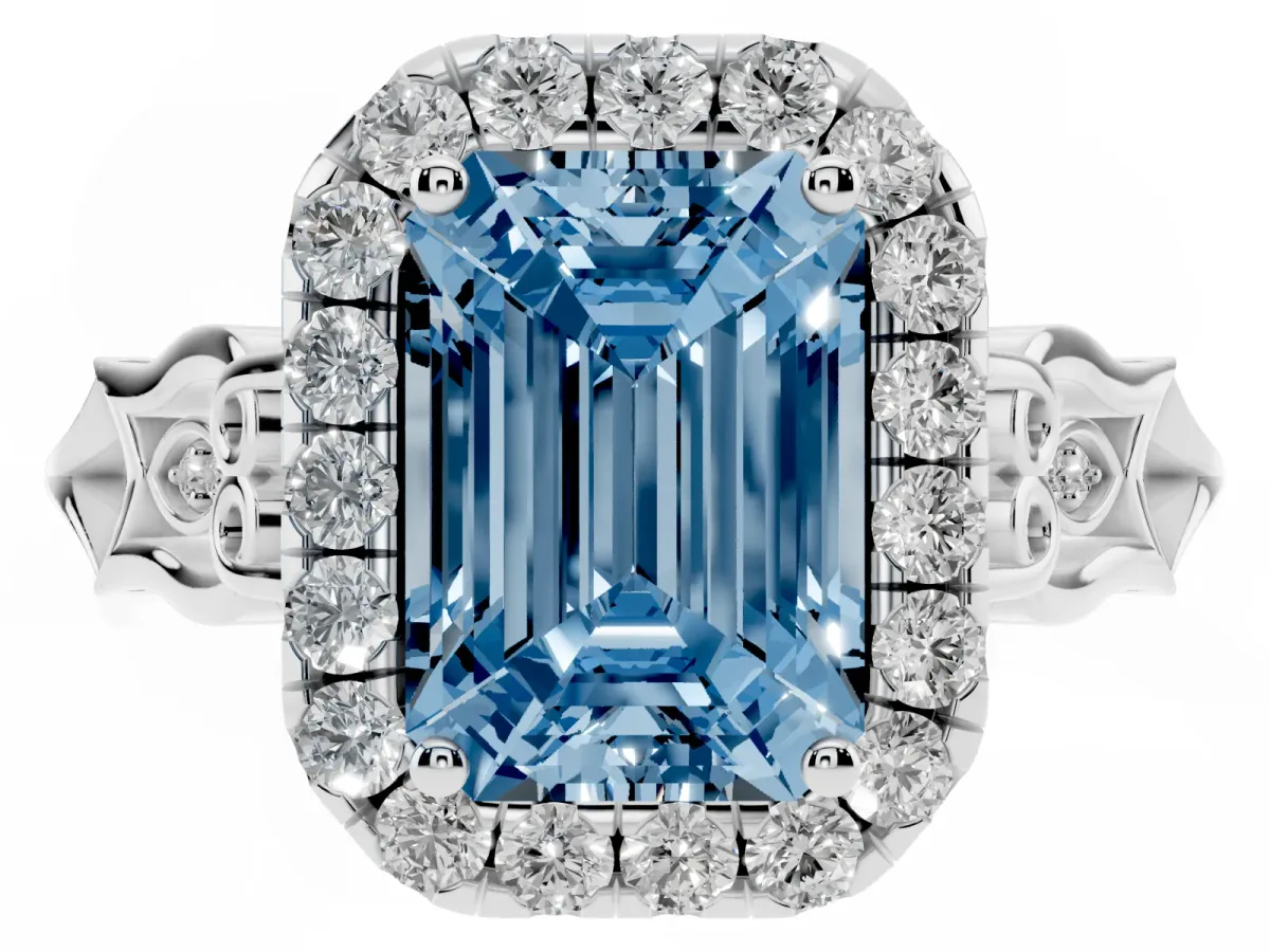 Fancy Blue Emerald Cut Halo Diamond Engagement Ring with Filigree Band and Four-Prong Setting Platinum