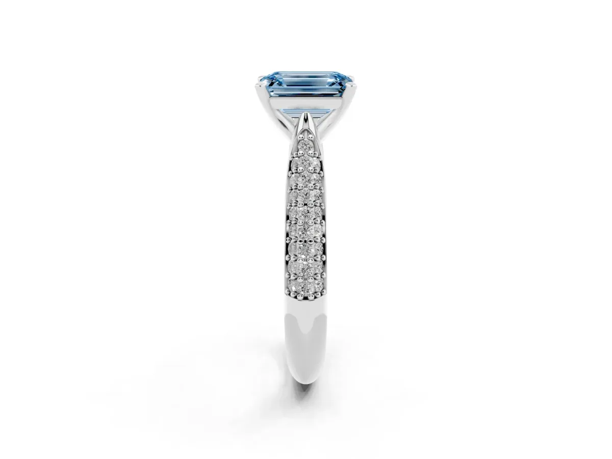 Fancy Blue Emerald Cut Diamond Solitaire Engagement Ring with Multi-Row Round Pavé Band and Prong Setting Silver