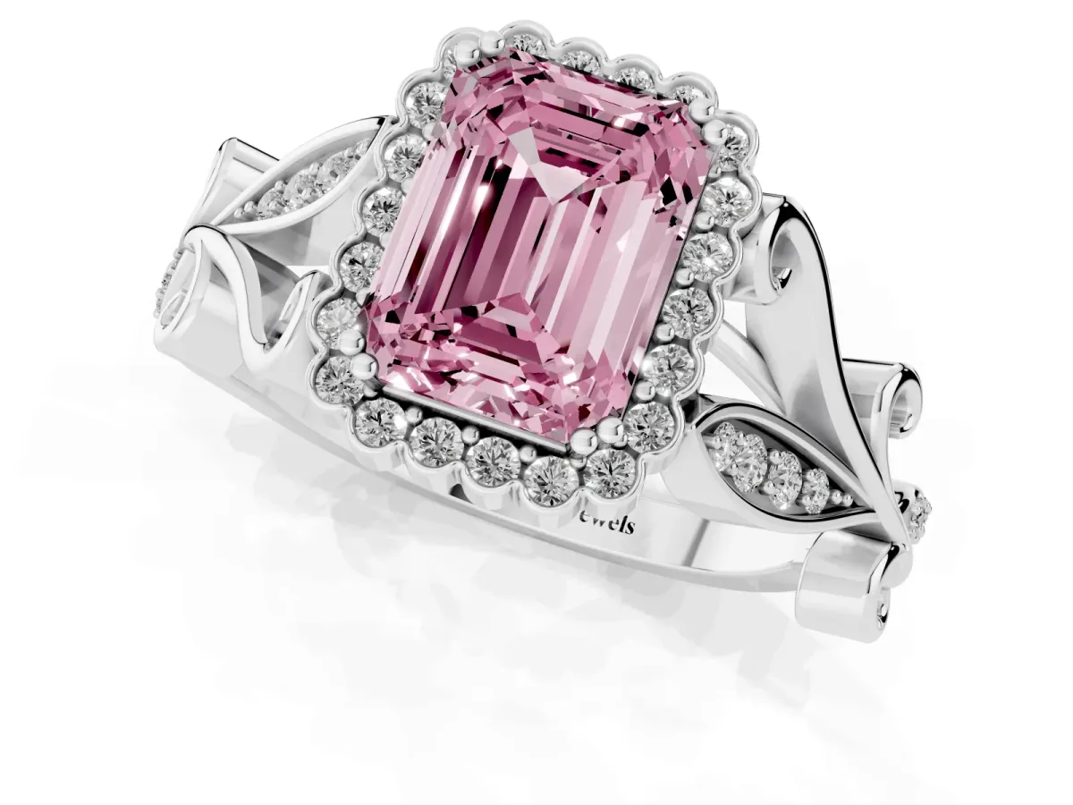 Fancy Pink Emerald Cut Diamond Halo Ring with Vintage Split Shank and Four-Prong Setting Silver