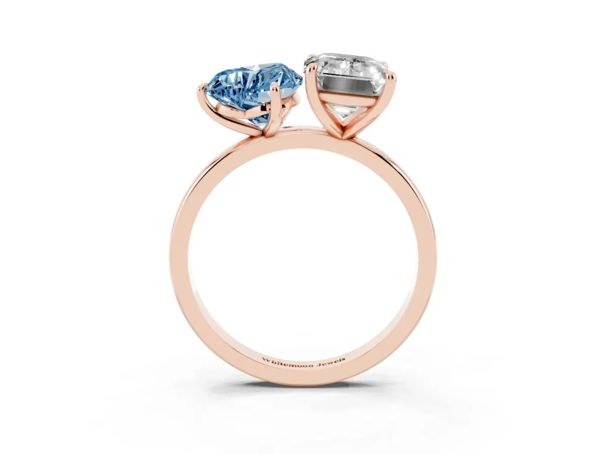 Fancy Blue Heart Cut and Emerald Cut Toi Moi Ring with Prong Setting Rose gold