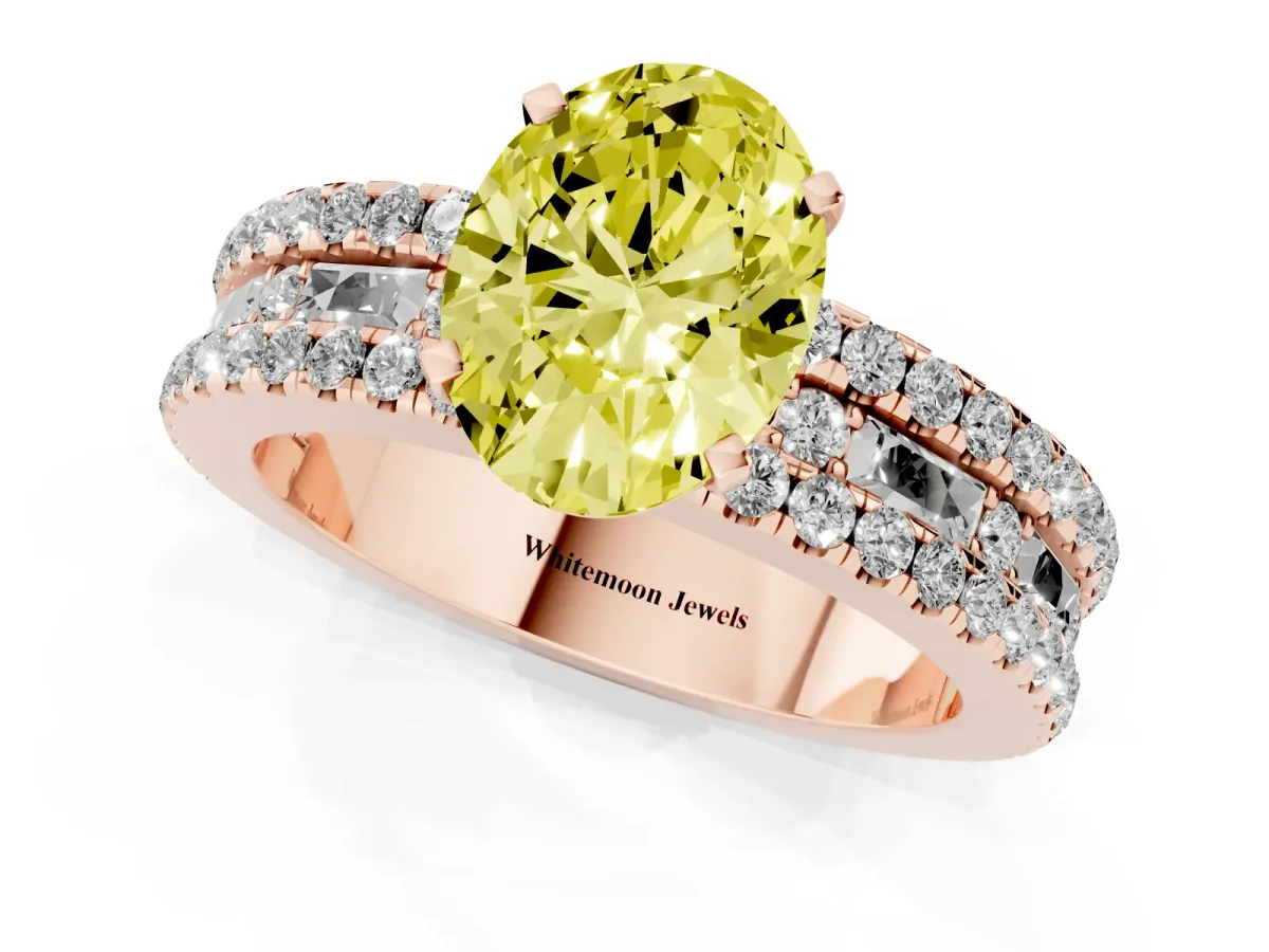 Fancy Yellow Oval Cut Diamond Solitaire Ring with Pavé and Channel Set Band Rose gold