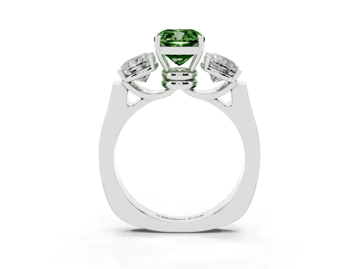 Fancy Green Three-Stone Cushion Cut Brilliant Diamond Trellis Ring with Comfort Fit Band White gold