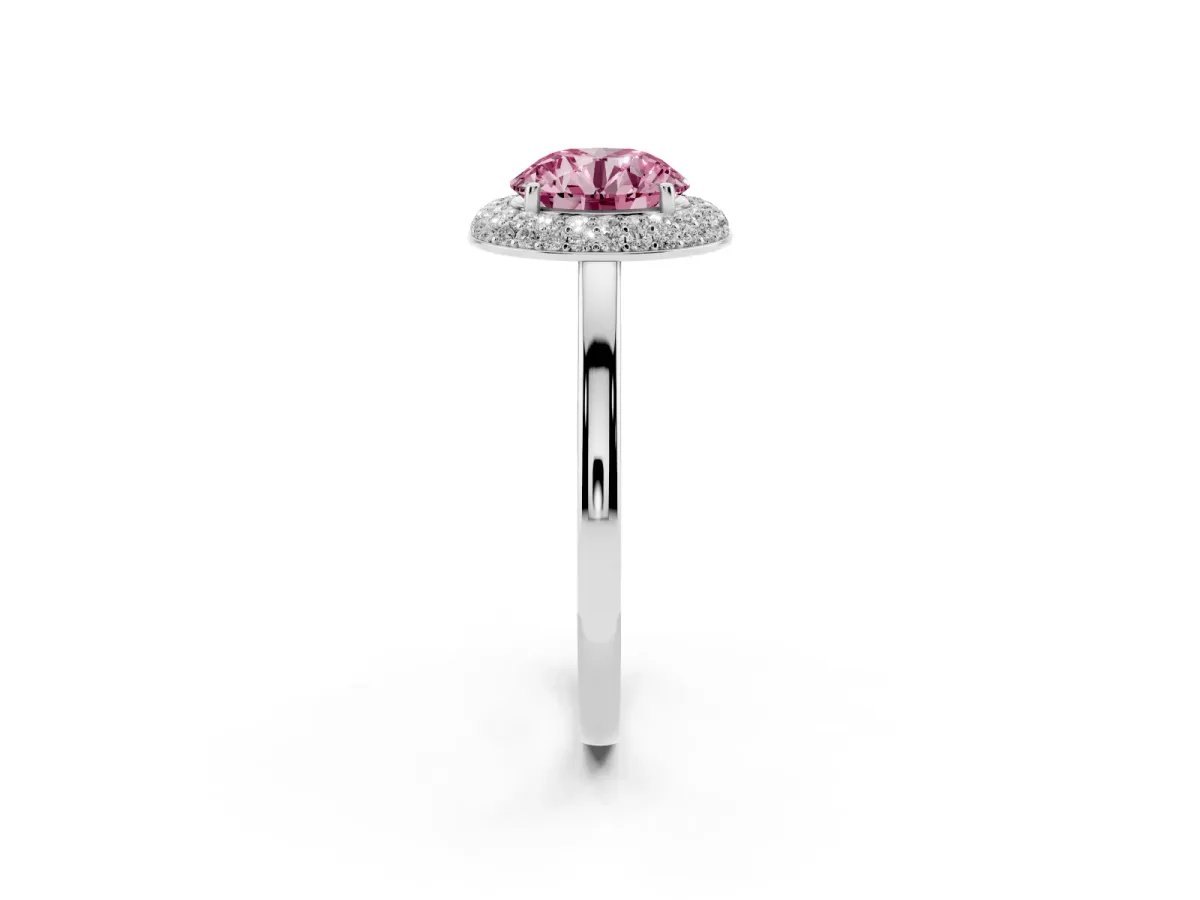 Fancy Pink Round Cut Halo Diamond Engagement Ring with Solitaire Band and Four-Prong Setting White gold