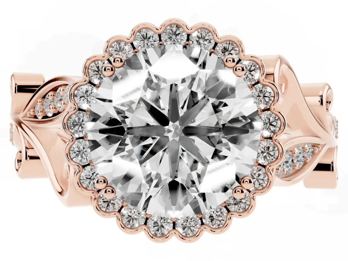 Round Cut Diamond Halo Ring with Vintage Split Shank and Four-Prong Setting Rose gold