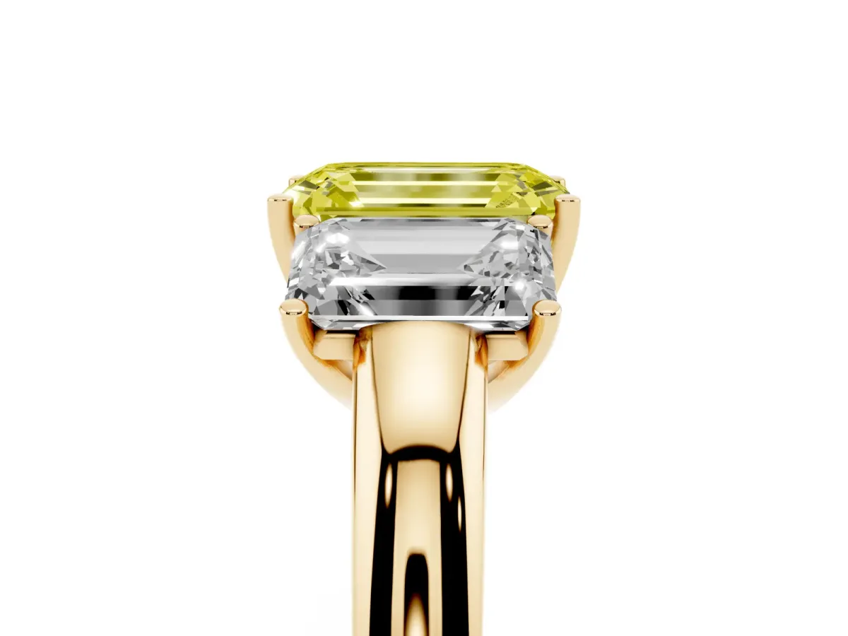 Fancy Yellow Emerald Cut Diamond Three-Stone Ring with Four-Prong Setting and Classic Band Yellow gold