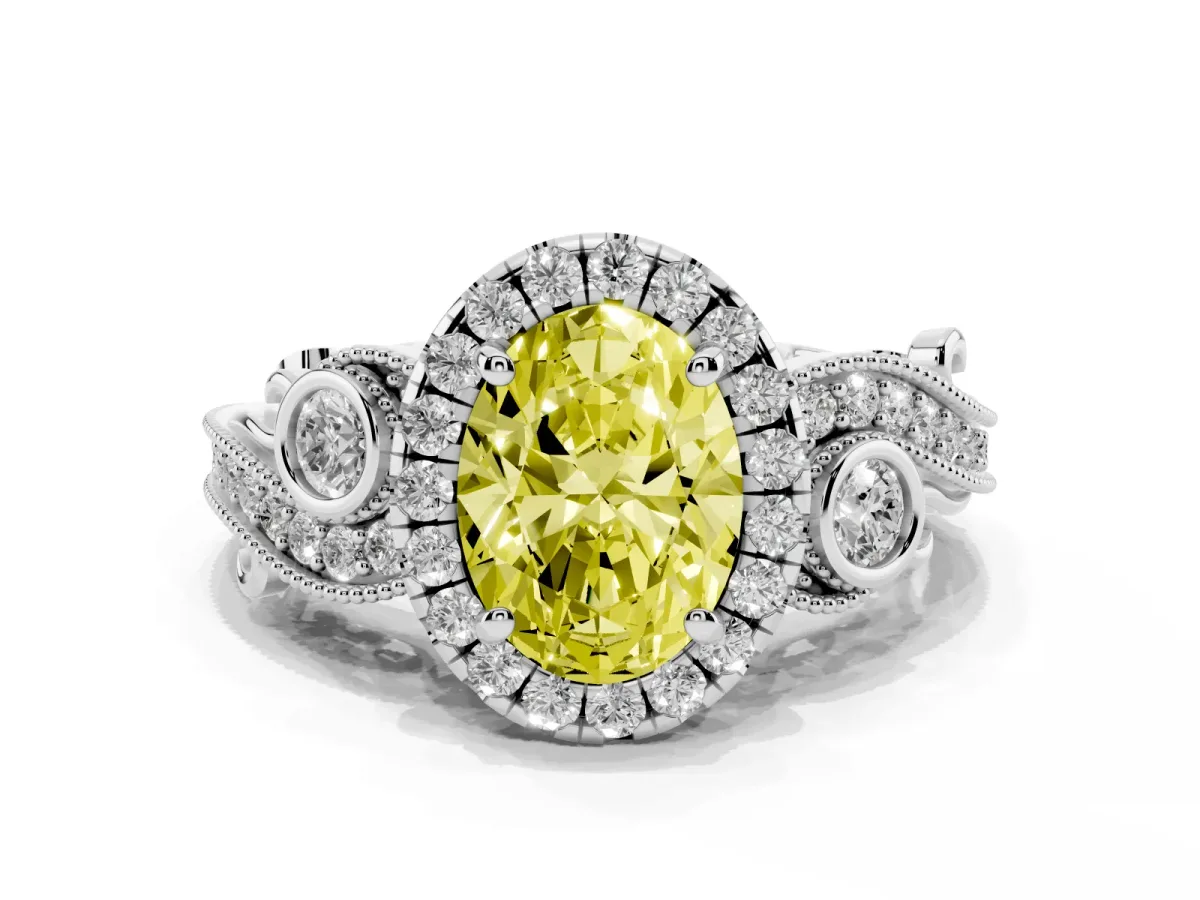 Fancy Yellow Oval Cut Halo Diamond Ring with Milgrain and Bezel Accents on a Split Shank Band Platinum