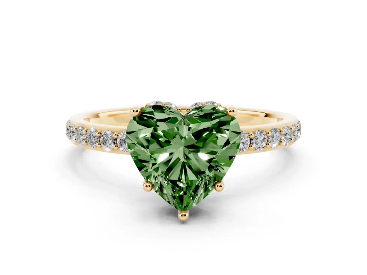 Fancy Green Heart Cut Diamond Solitaire Ring with Pavé Band and Hidden Halo Yellow gold