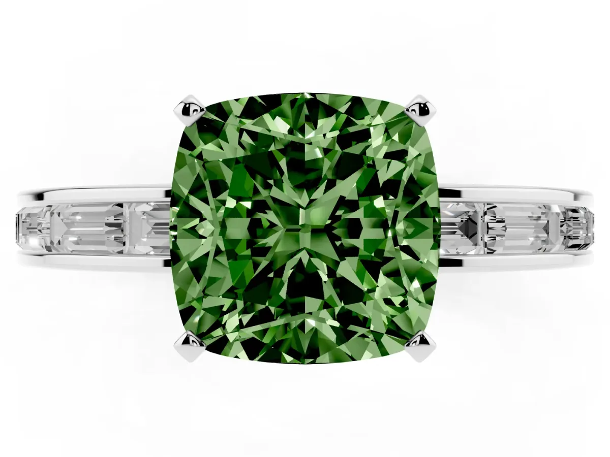 Fancy Green Cushion Cut Solitaire Diamond Ring with Channel-Set Baguette Band and Four-Prong Setting Silver