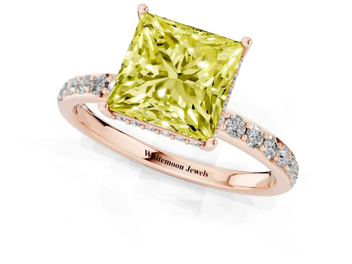 Fancy Yellow Princess Cut Diamond Solitaire Ring with Pavé Band and Hidden Halo Rose gold