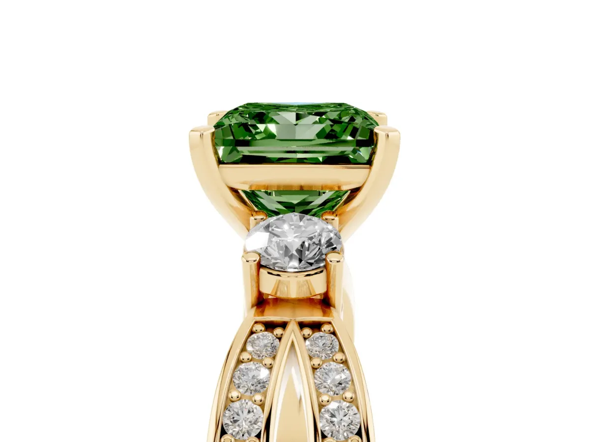 Fancy Green Three-Stone Princess Cut Cut Diamond Twist Band with Prong Setting Yellow gold