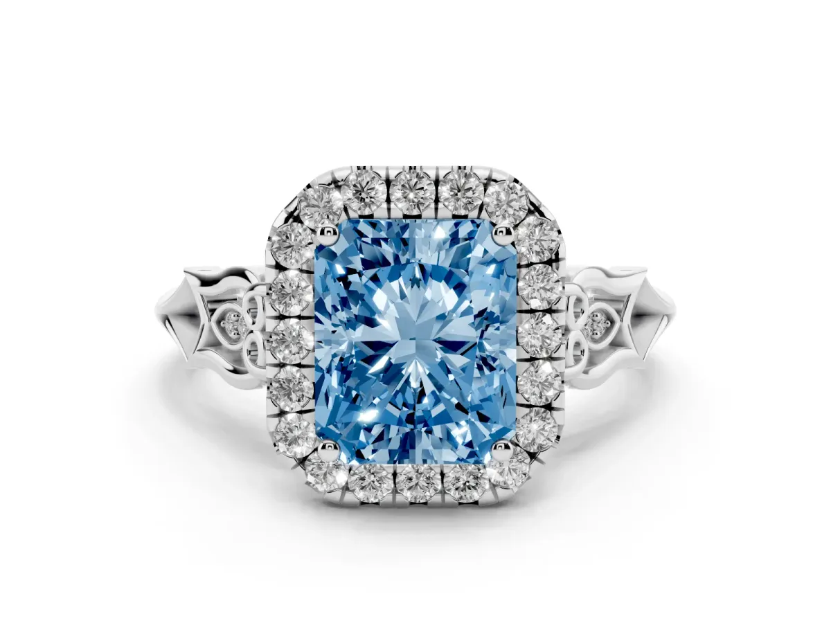 Fancy Blue Radiant Cut Halo Diamond Engagement Ring with Filigree Band and Four-Prong Setting Platinum