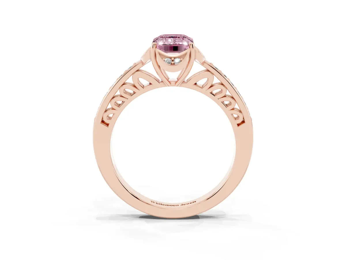 Fancy Pink Emerald Cut Cut Halo Diamond Ring with Channel Set Band and Four-Prong Setting Rose gold