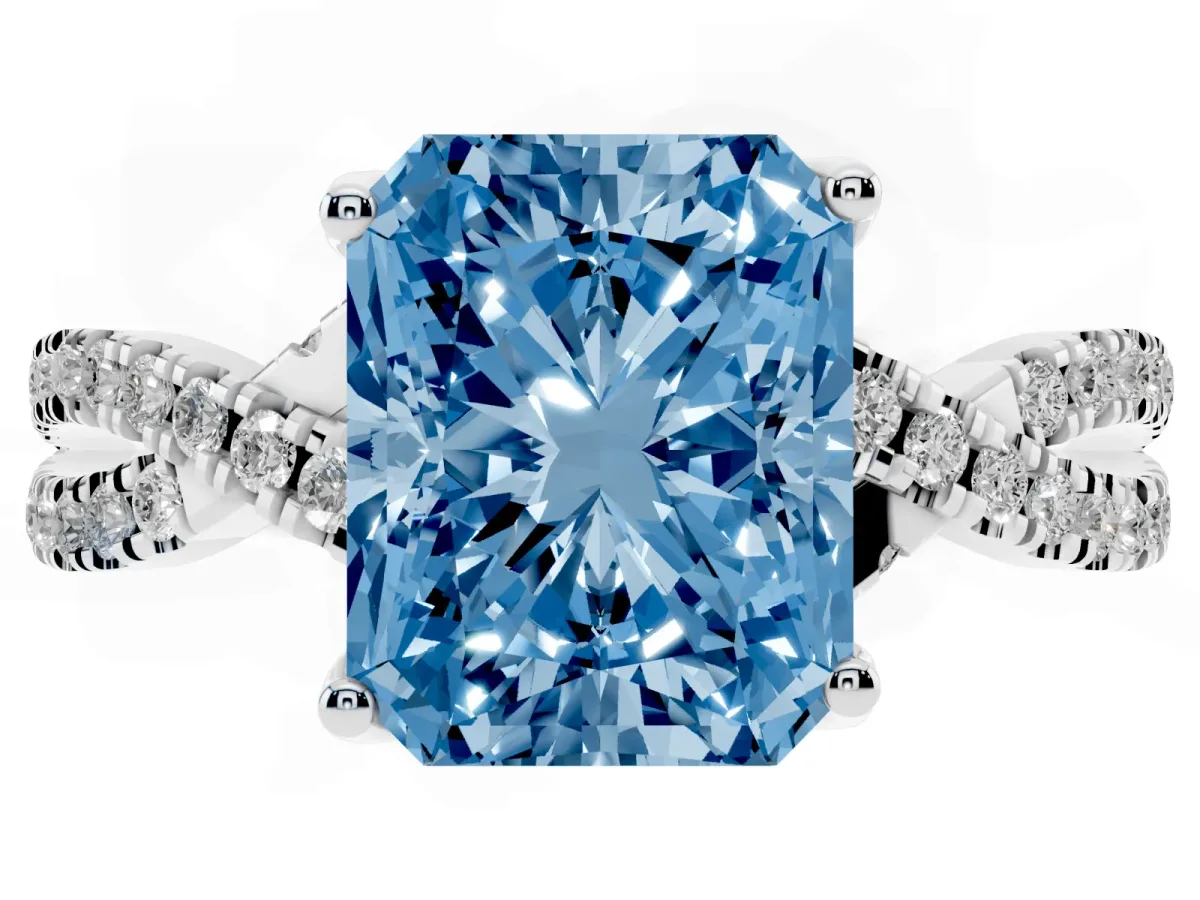 Fancy Blue Radiant Cut Solitaire Twist Pave Diamond Engagement Ring with Prong Setting Silver