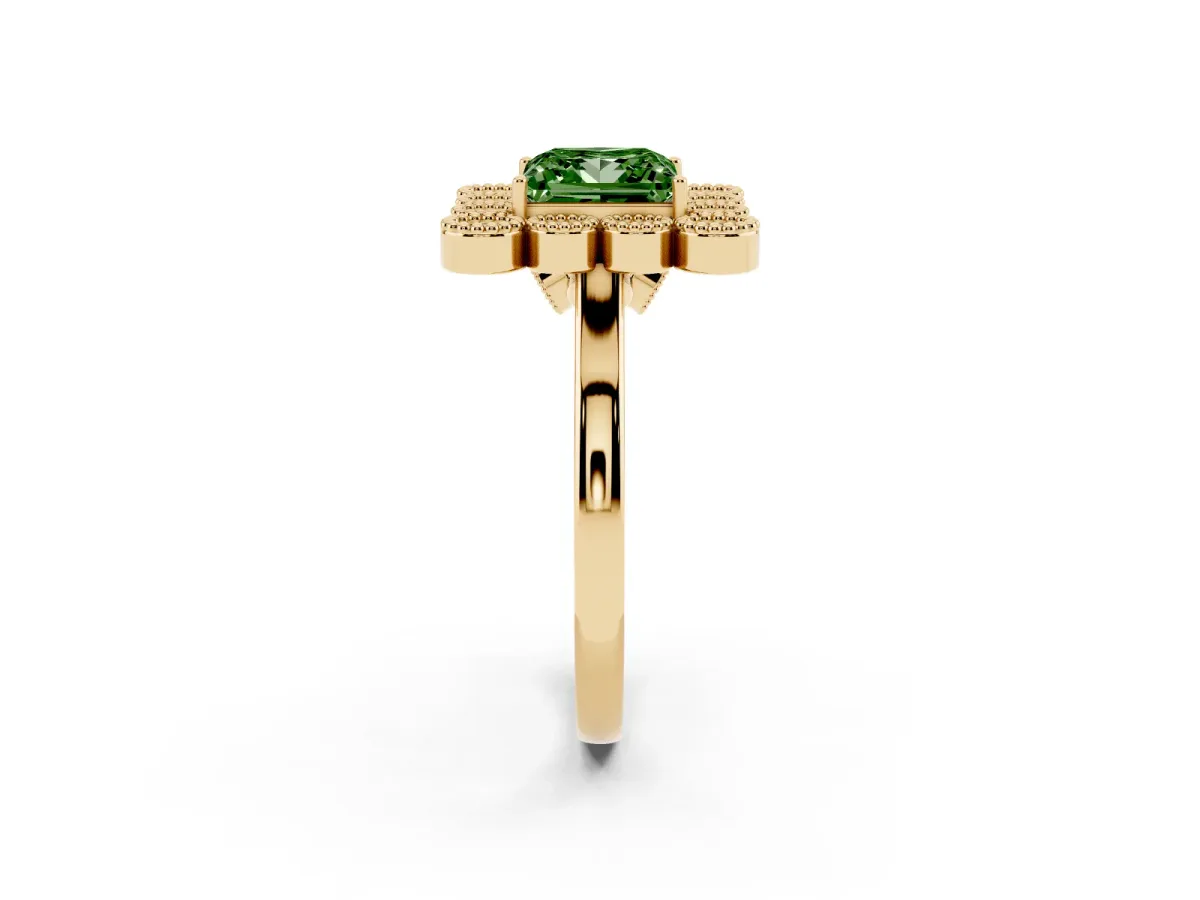 Fancy Green Princess Cut Halo Diamond Cluster Engagement Ring with Milgrain Bezel Setting and Solitaire Band Yellow gold