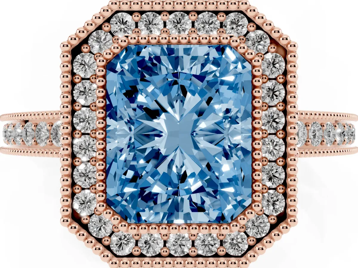 Fancy Blue Radiant Cut Cut Halo Diamond Ring with Pavé Band and Milgrain Prong Setting Rose gold