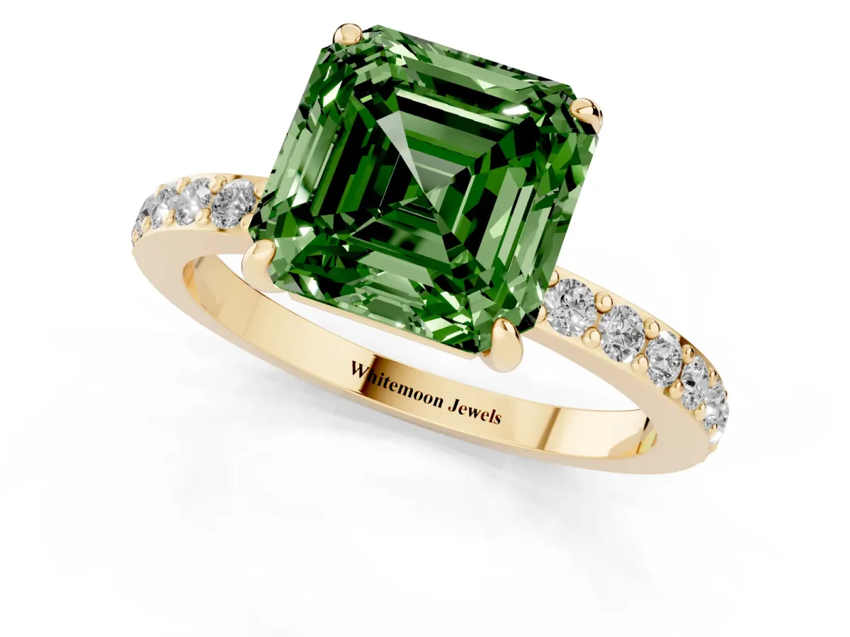 Fancy Green Asscher Cut Diamond Pavé Engagement Ring with Round Accents and Prong Setting Yellow gold