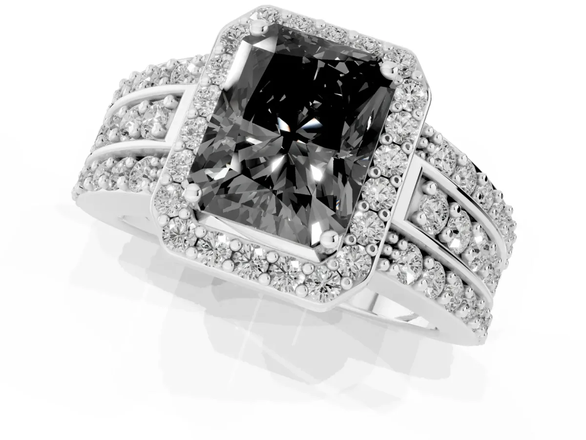 Fancy Black Radiant Cut Halo Diamond Ring with Round Split Shank and Prong Setting Silver
