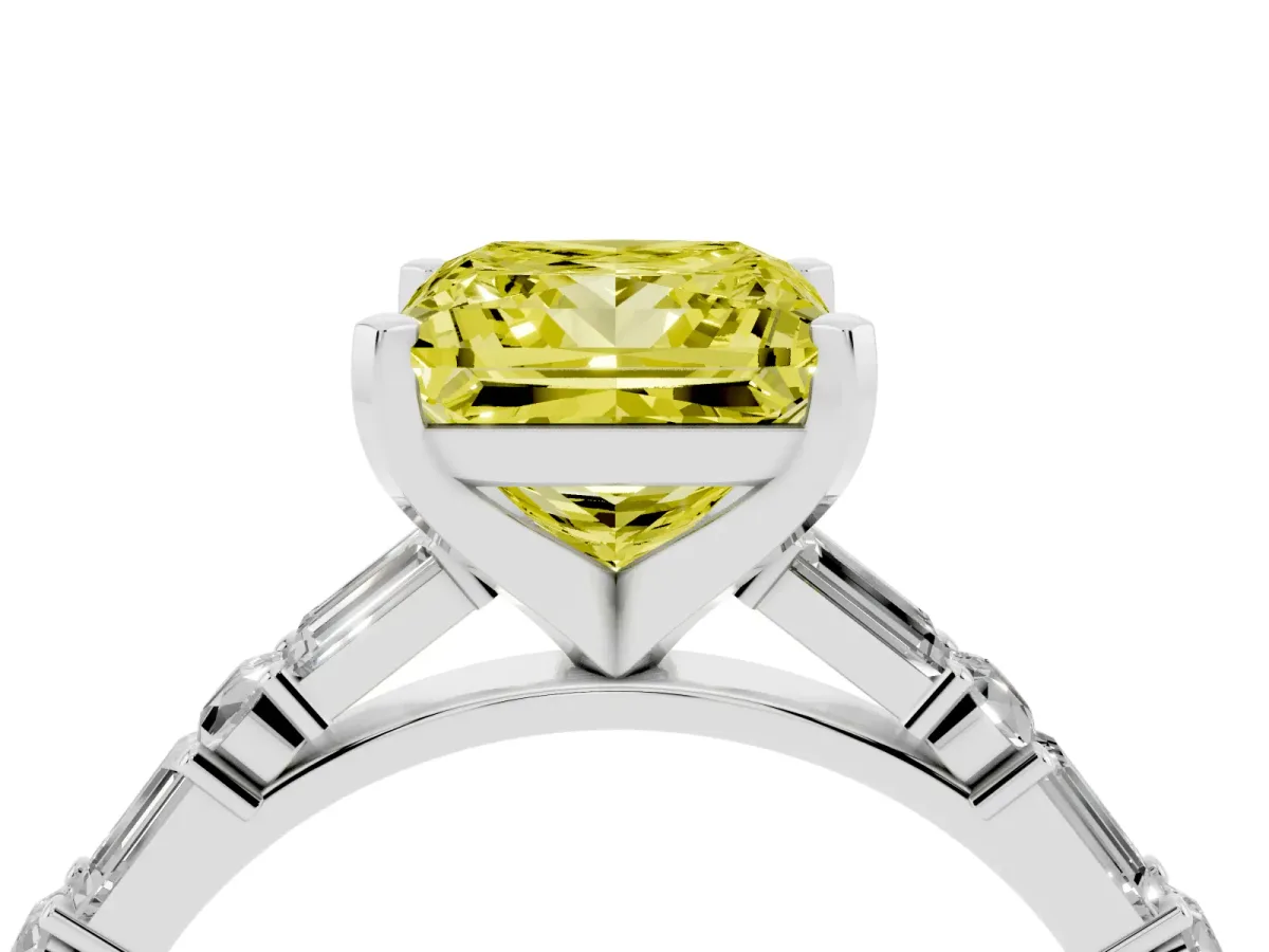 Fancy Yellow Princess Cut Diamond Solitaire with Side Baguettes and Channel Set Band Platinum