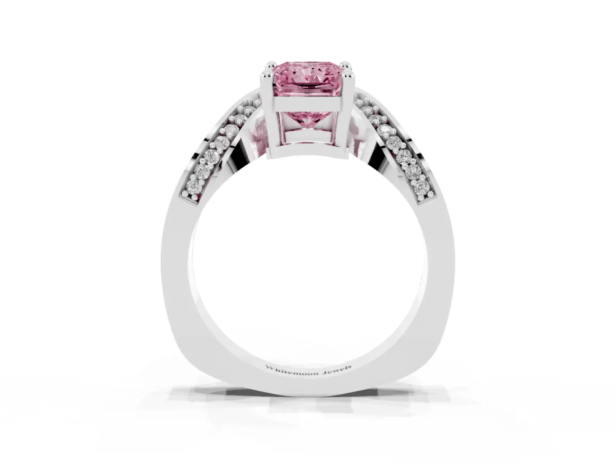Fancy Pink Radiant Cut Solitaire Diamond Engagement Ring with Pave Band and Four-Prong Setting Silver