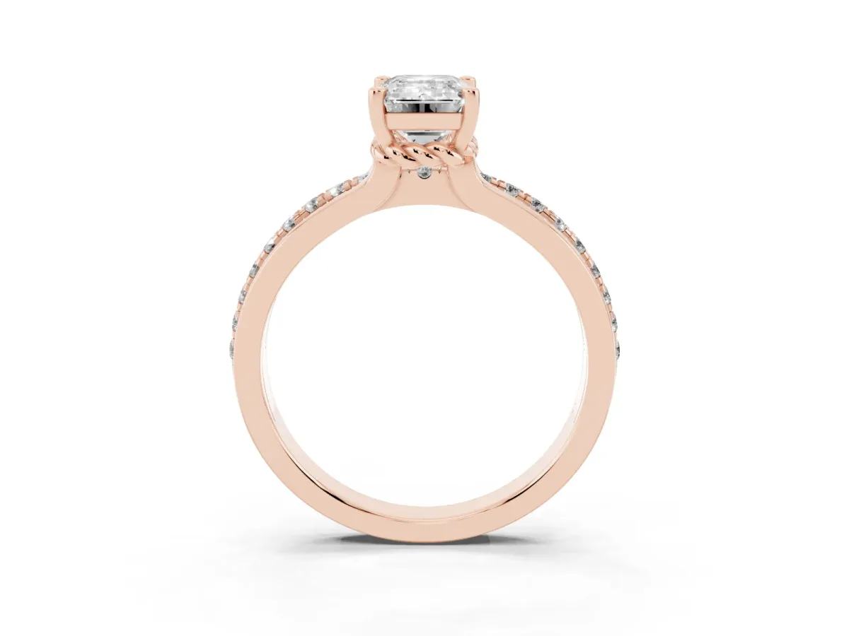 Emerald Cut Solitaire Diamond Ring with Channel Set Band and Six-Prong Setting Rose gold