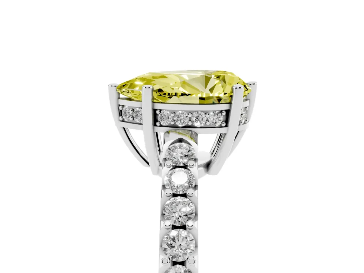 Fancy Yellow Pear Cut Solitaire Diamond Engagement Ring with Pavé Band and Six-Prong Setting White gold
