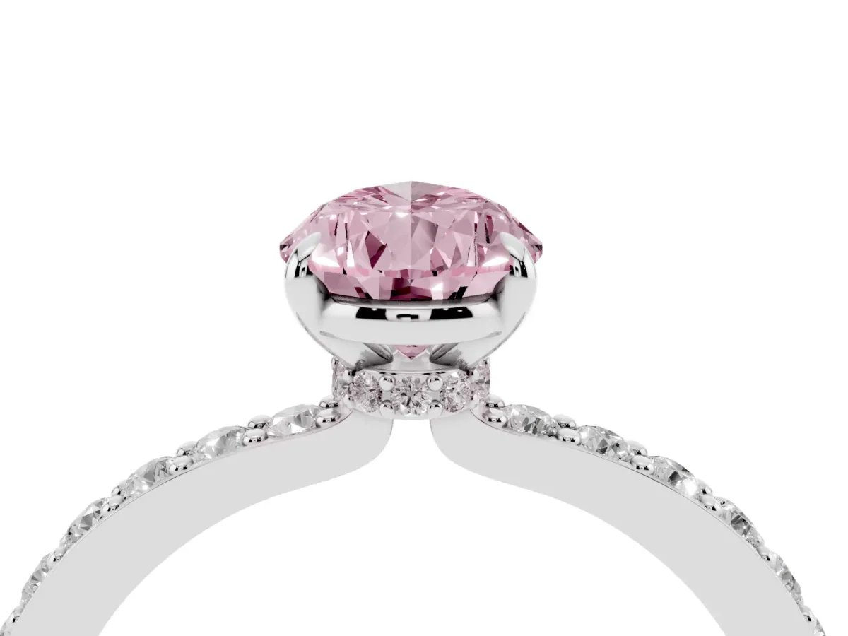 Fancy Pink Pear Cut Diamond Pavé Engagement Ring with Round Accents and Prong Setting Platinum