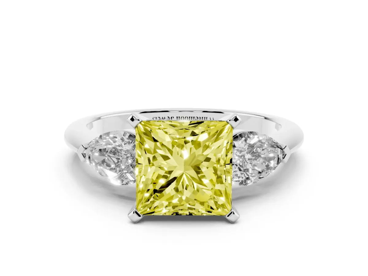 Fancy Yellow Three-Stone Princess Cut Diamond Ring with Pear Side Stones and Four-Prong Setting Silver