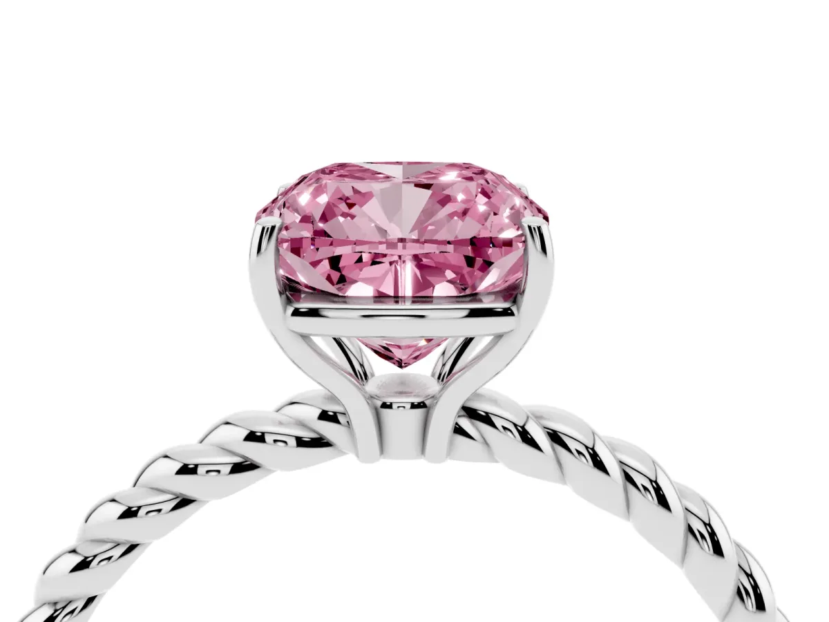 Fancy Pink Cushion Cut Solitaire Twisted Band 4-Prong Ring Platinum