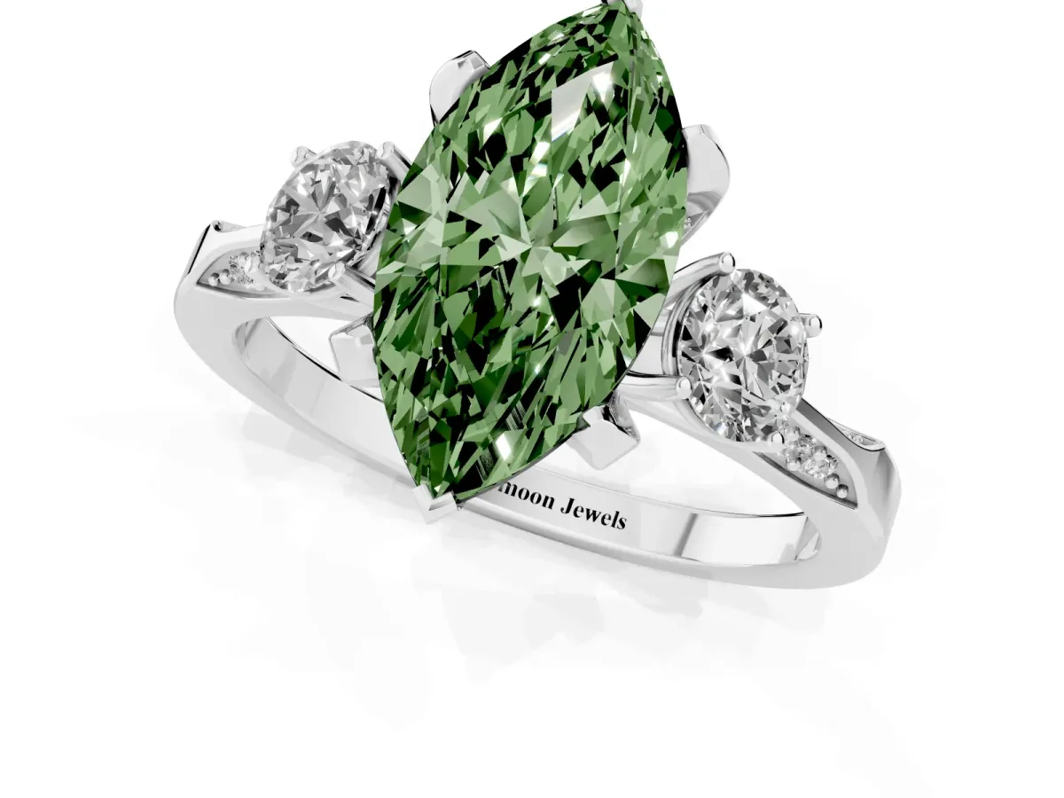 Fancy Green Marquise Cut Brilliant Three-Stone Diamond Ring with Pavé Band and Four-Prong Setting Silver