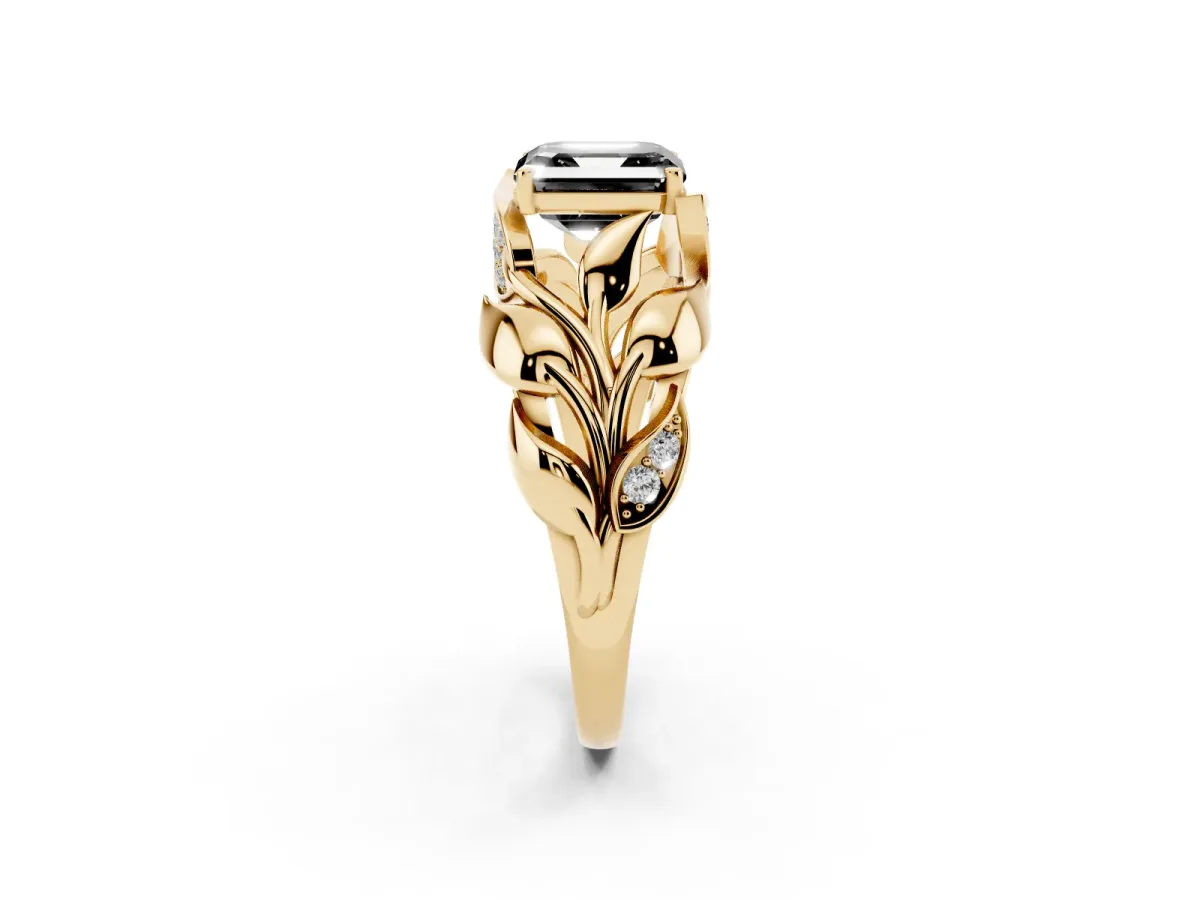 Fancy Black Asscher Cut Diamond Leaf-Inspired Engagement Ring with Round Accents and Prong Setting Yellow gold
