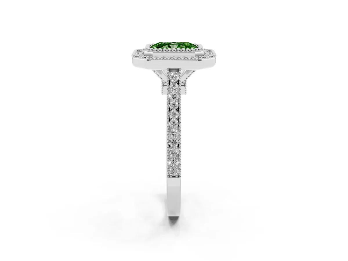 Fancy Green Radiant Cut Diamond Halo Ring with Milgrain Frame and Pavé Band White gold