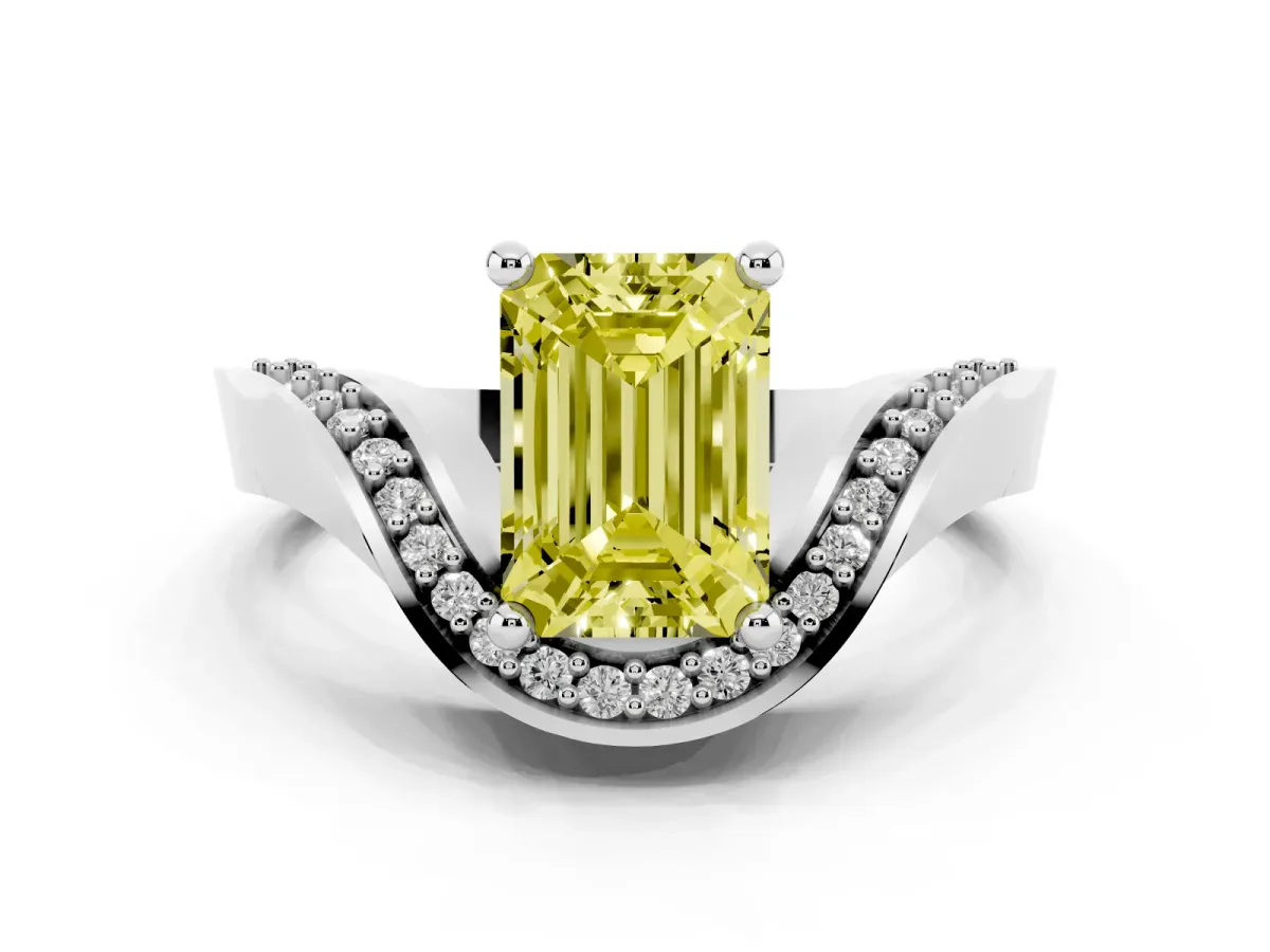 Fancy Yellow Emerald Cut Solitaire Diamond Engagement Ring with Pave Band and Four-Prong Setting White gold