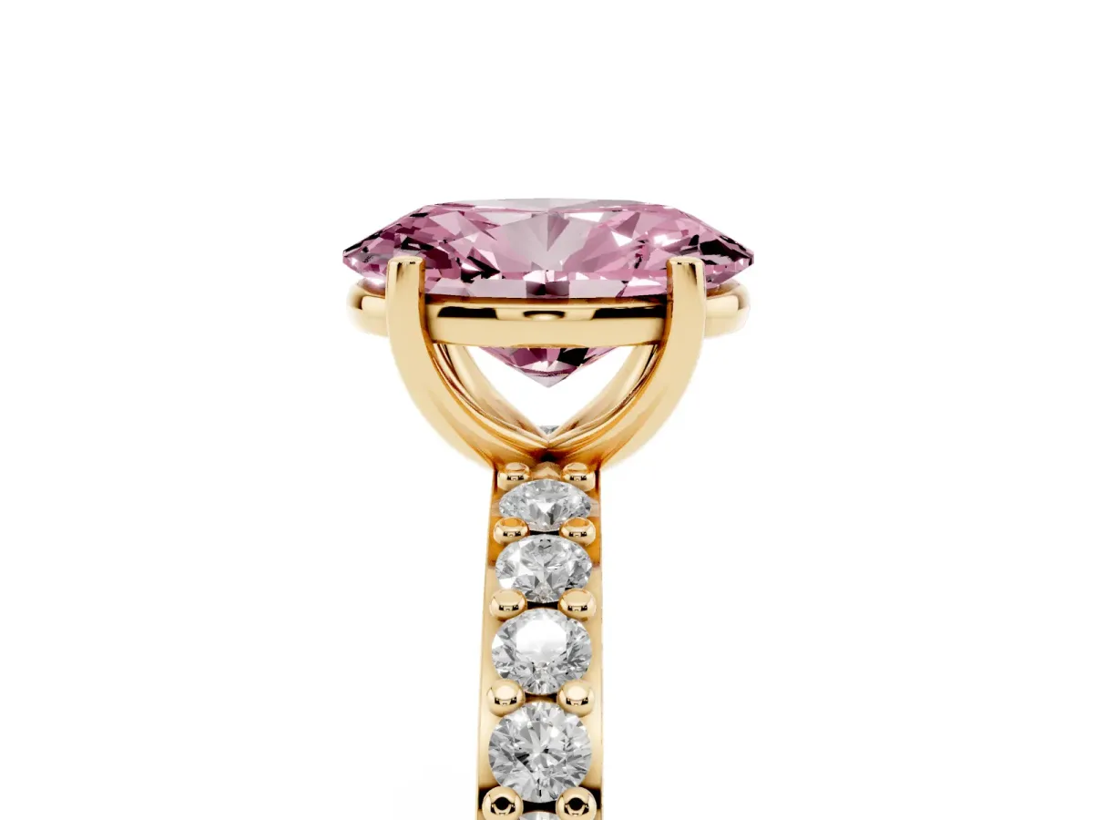 Fancy Pink Oval Cut Cut Diamond Solitaire with Pave Band and Four-Prong Setting Yellow gold