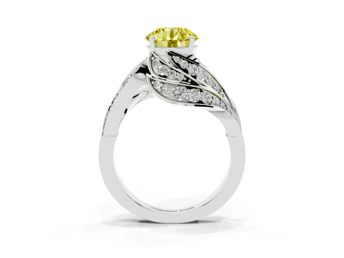 Fancy Yellow Round Cut Diamond Solitaire Ring with Prong Setting and Twisted Pavé Band Silver