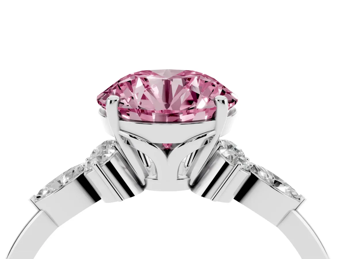 Fancy Pink Round Cut Brilliant Diamond Solitaire Ring with Pear Side Stones and Four-Prong Setting White gold