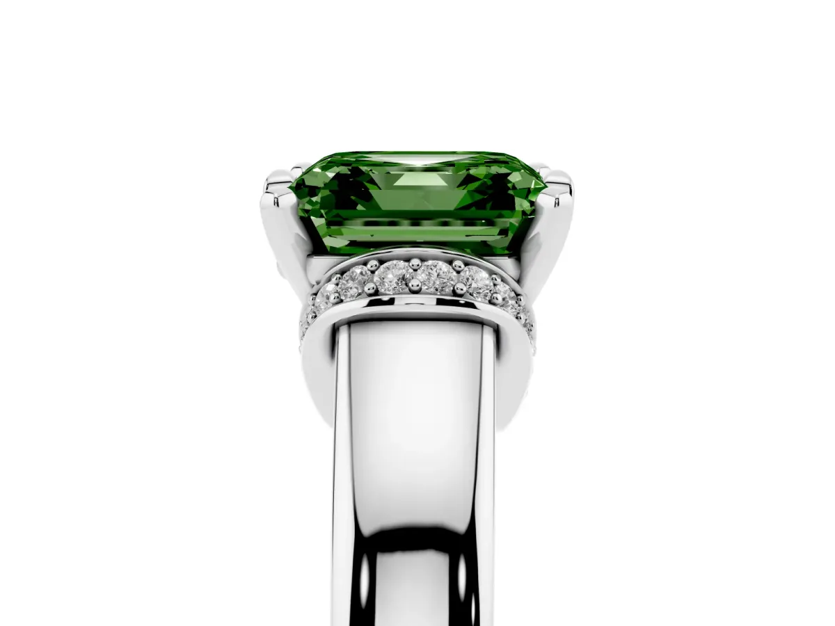 Fancy Green Asscher Cut Solitaire Diamond Ring with Pave Band and Six-Prong Setting Platinum